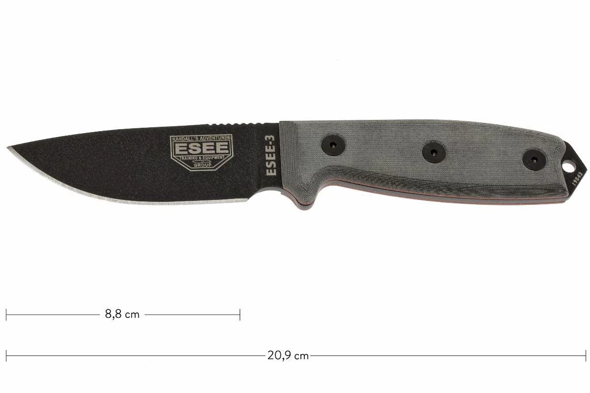 ESEE Model 3 Black Blade, Grey Handle 3P-MB-B Con Funda + Clip Y MOLLE-back